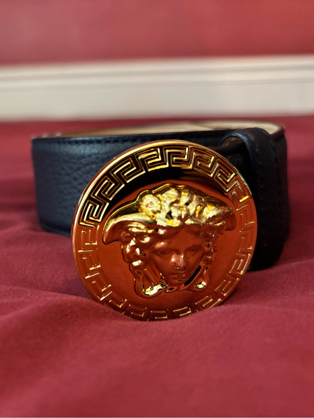 Versace Black Leather Belt with Gold Medusa Buckle